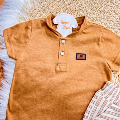  Conj. Camiseta Gola Henley e Bermuda em Linho - Ferrugem